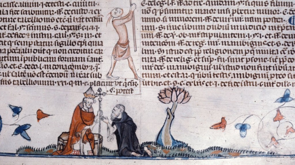 In the margins of a medieval manuscript, a hermit makes his confession to a bishop, surrounded by nature imagery.